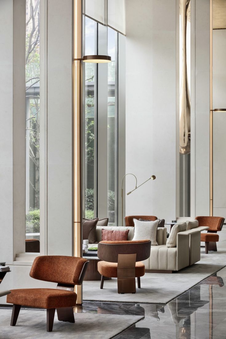 Modern lounge workspace area with seating and tables