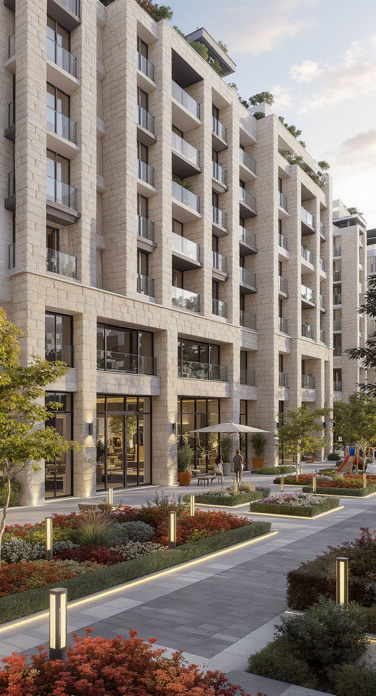 Neighborhood street scene with cafés and office towers