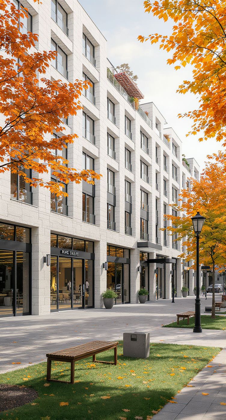 Downtown street with office towers and cafés