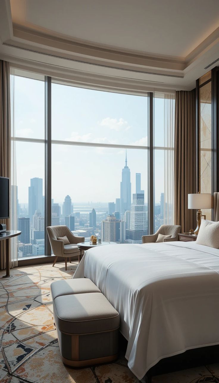 Downtown hotel facade with city street view